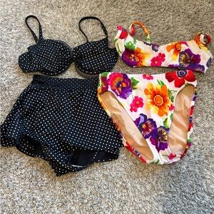 Vintage Women Swim Two-Piece Set - Black Polka Dot & Floral
